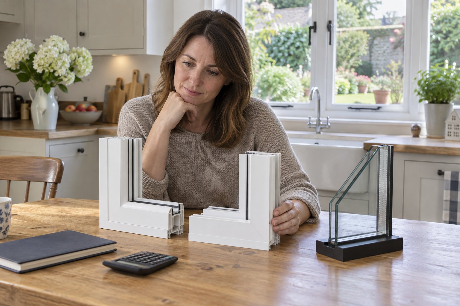 Homeowner comparing white window frame samples and a glazed display sample at a kitchen table