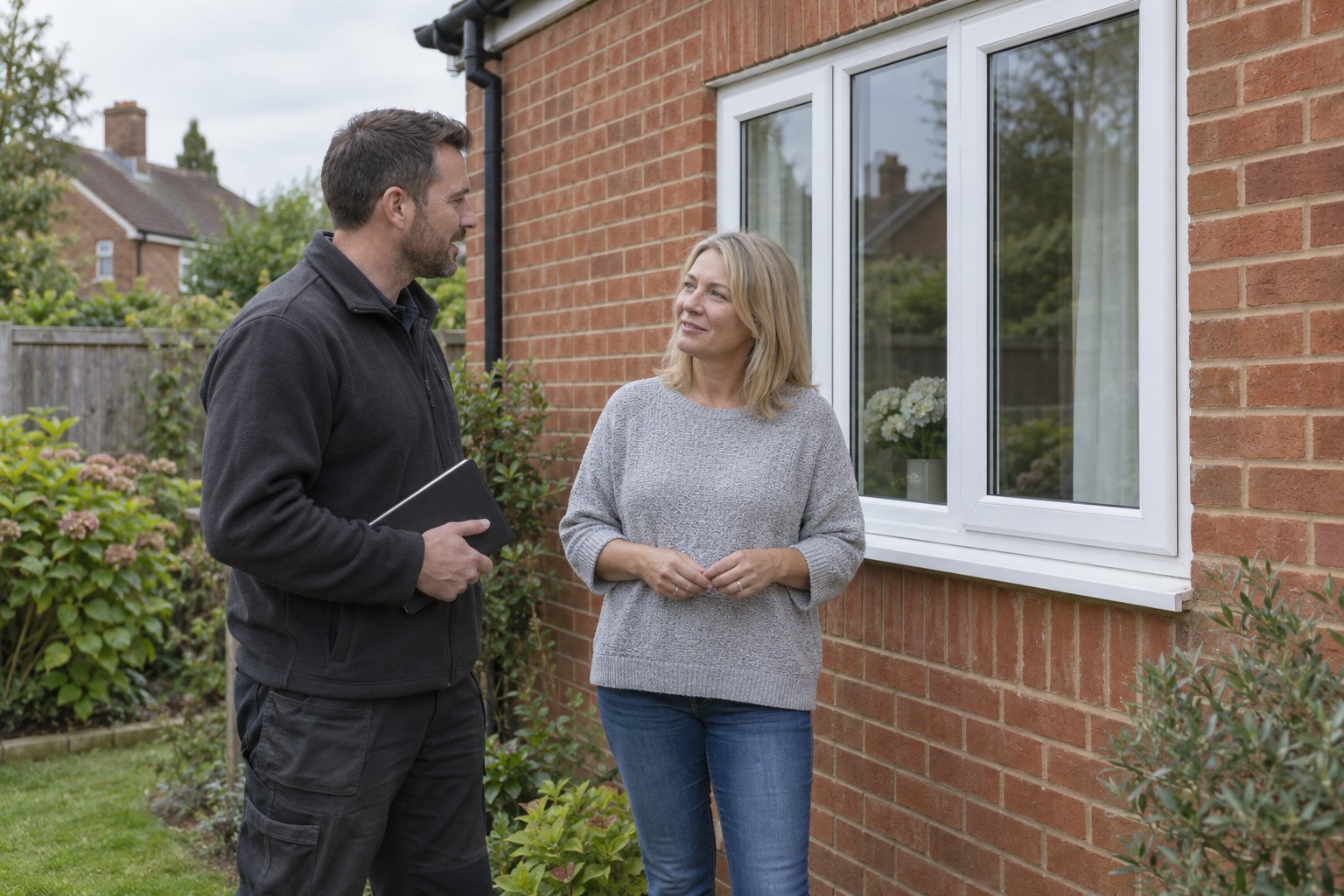 Window surveyor discussing a white casement window with a homeowner in a brick-house garden