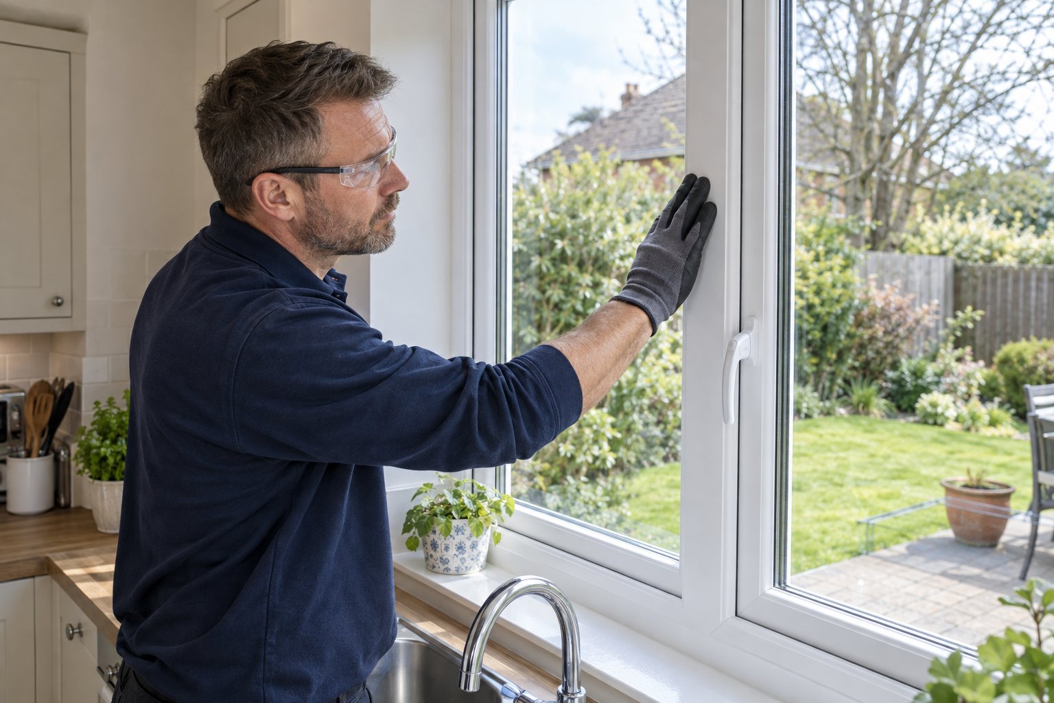 Glazier wearing gloves and safety glasses checking the bead around an installed glass unit