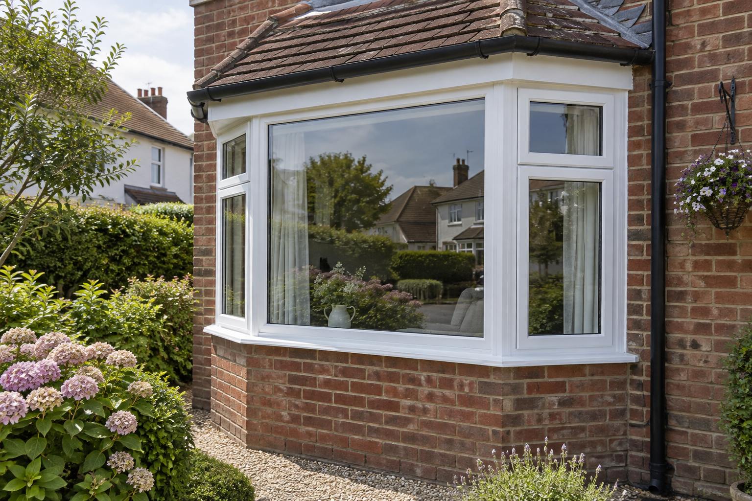 Three-facet white uPVC bay window with a continuous cill beneath a tiled bay roof