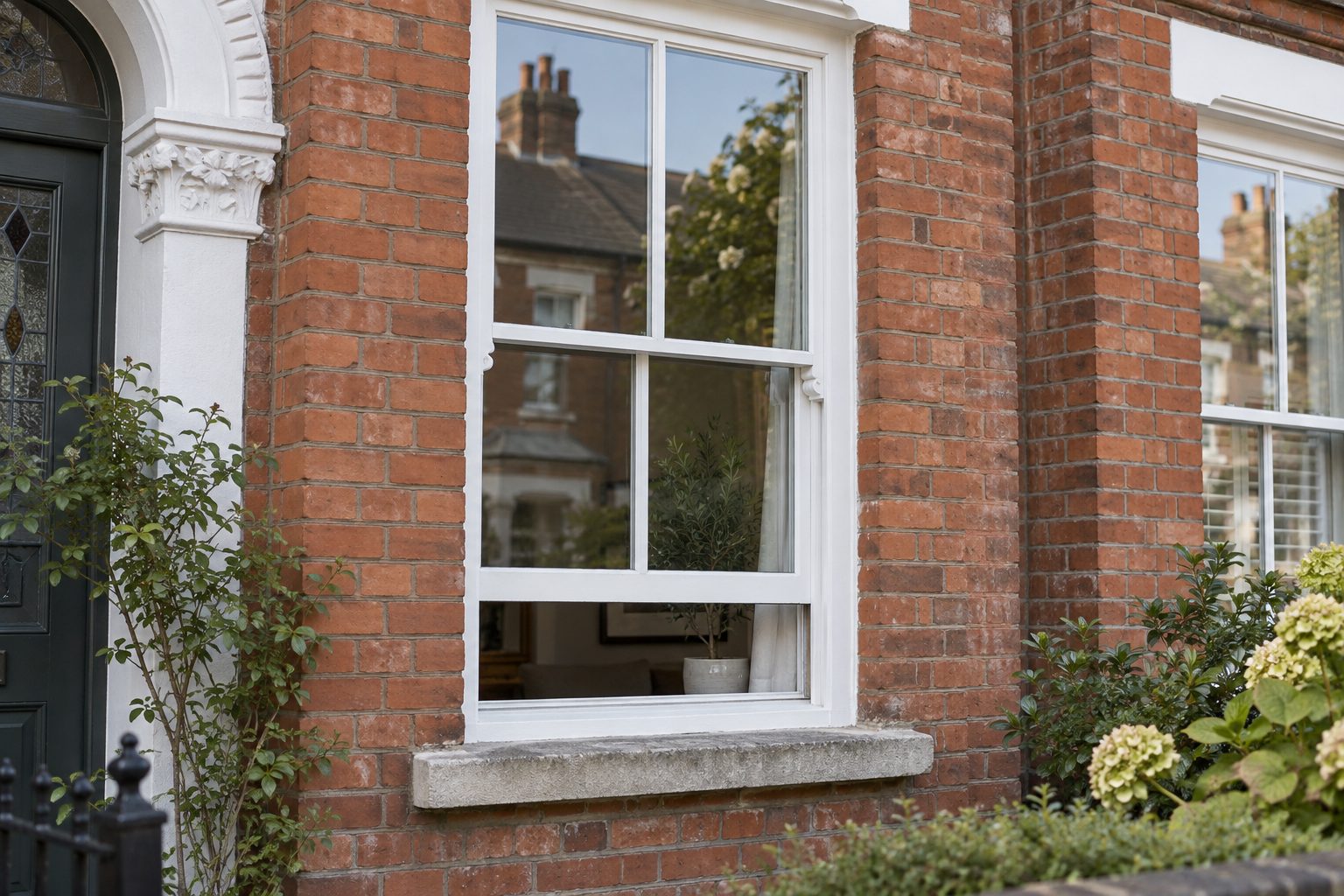 White timber sliding sash with its lower sash raised in a Victorian brick frontage