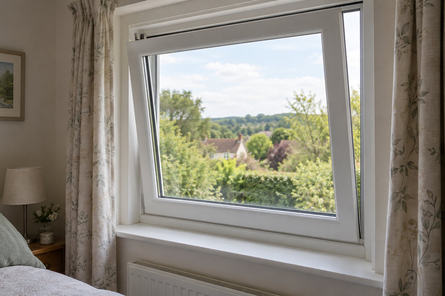 White bedroom window tilted inwards at the top for ventilation