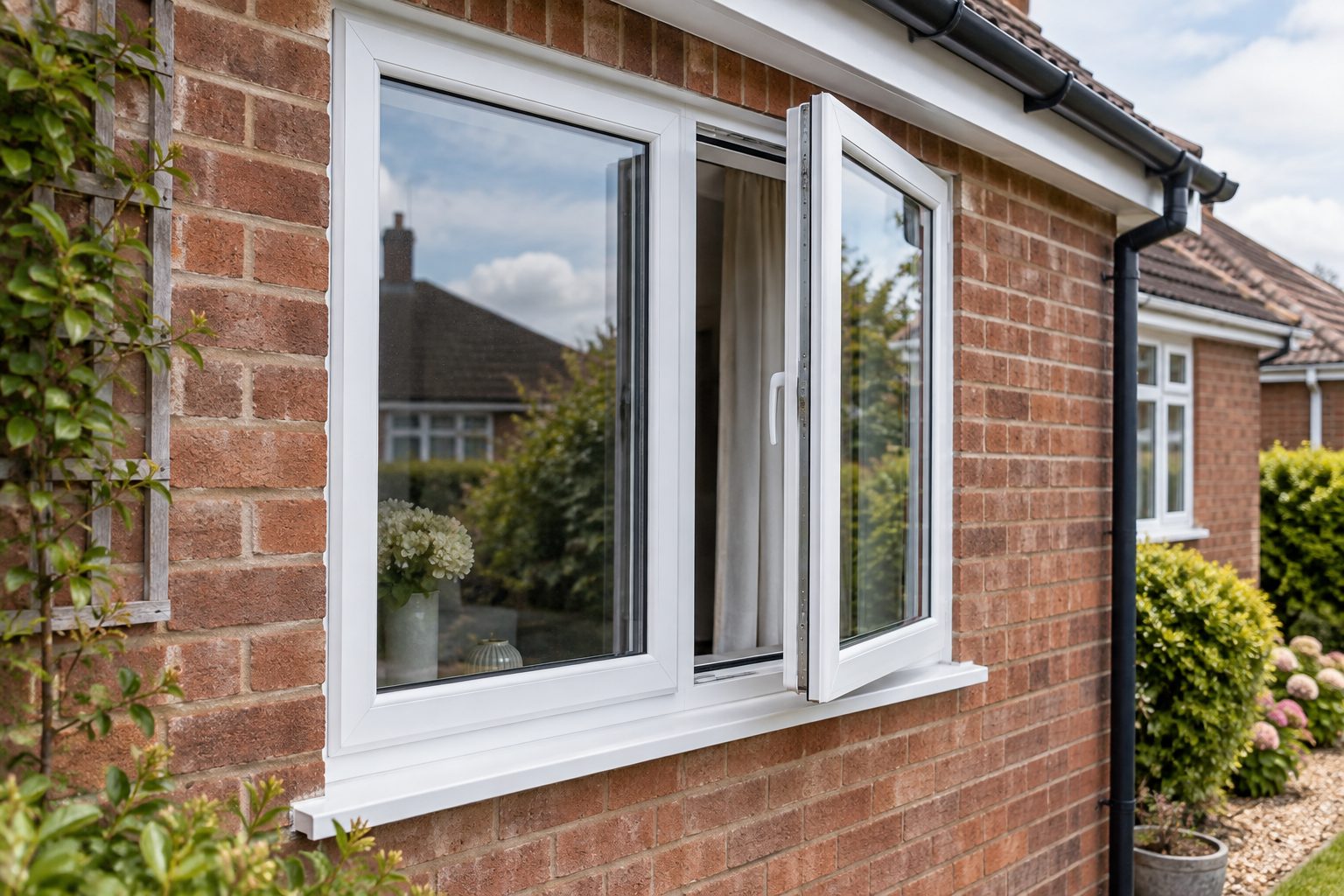 White uPVC casement with an outward-opening sash fitted into a brick bungalow wall