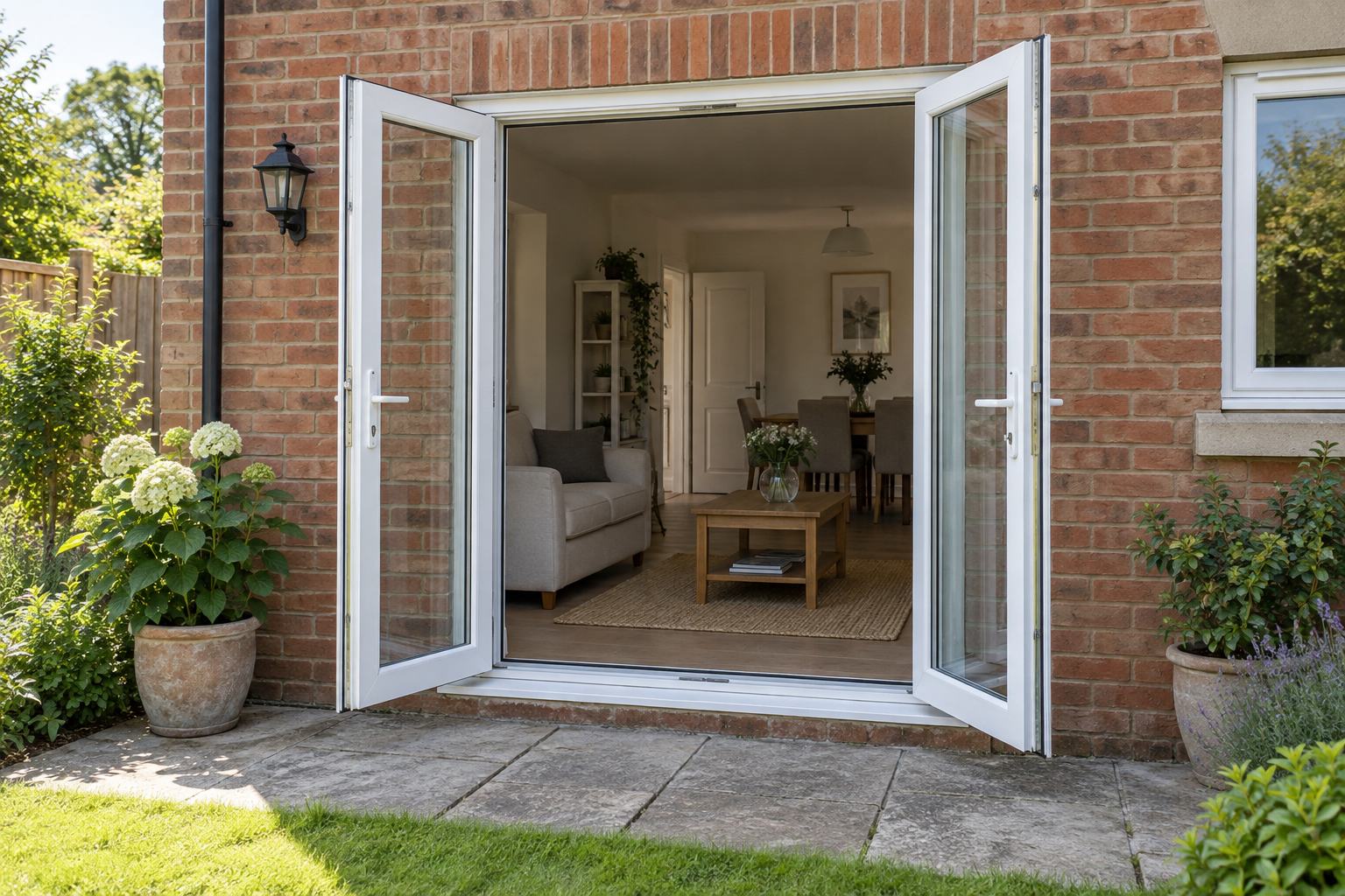 Pair of white glazed French doors opening outwards onto a garden patio