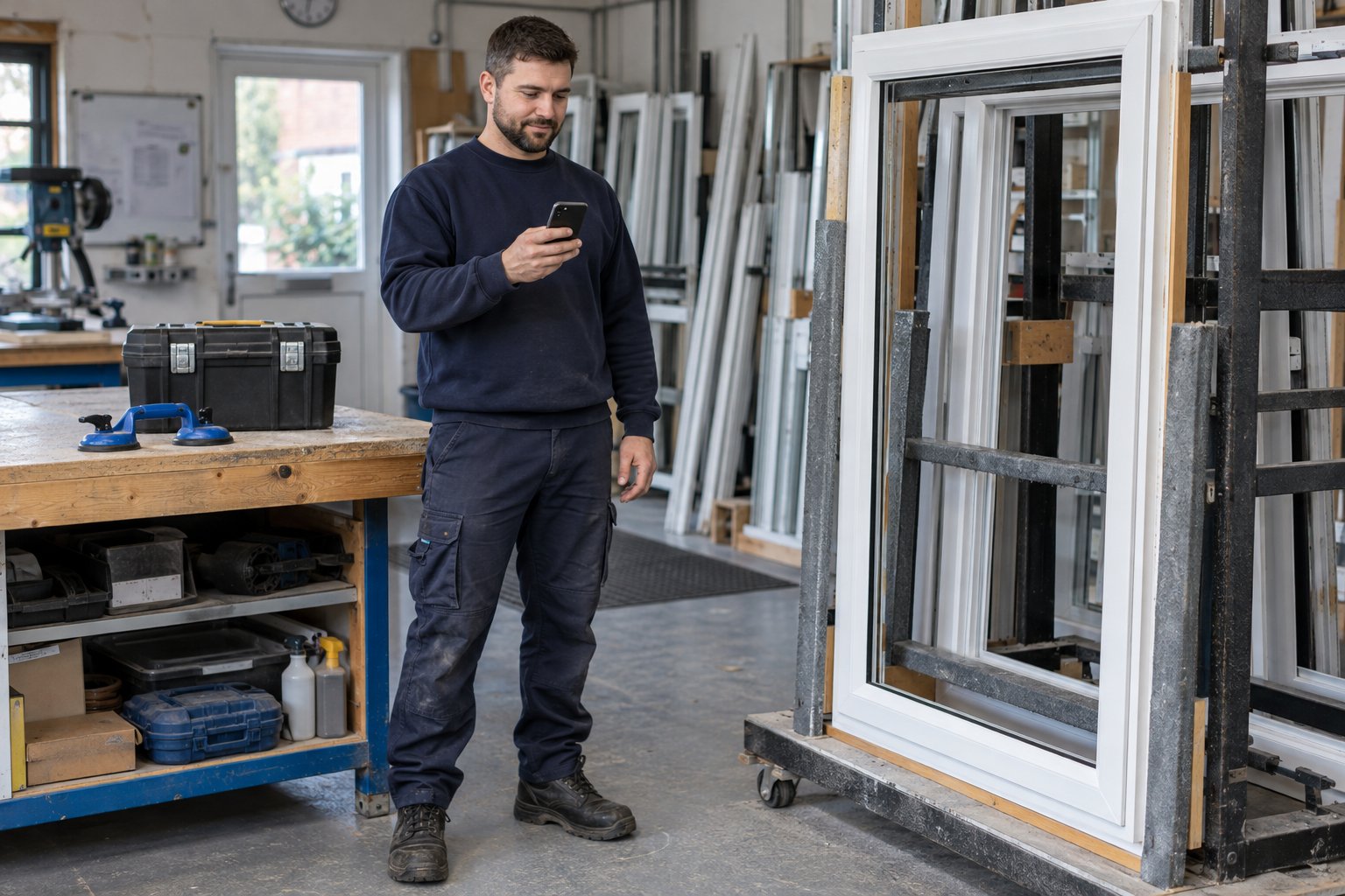 Window installer checking his phone beside a secured frame rack in a workshop